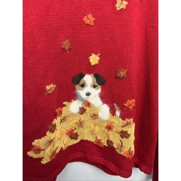 Vintage Northern Isles Sweater Womens Size Medium Red Puppy Dog Fall Leaves - Picture 2 of 9